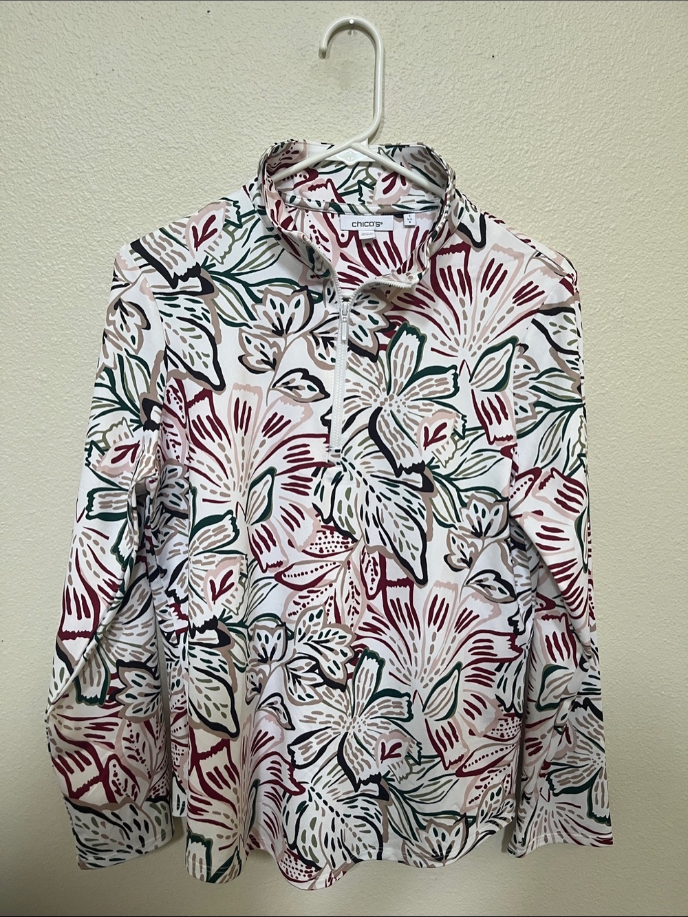 Chico's White Floral Half-Zip Pullover with Burgundy & Green Accents